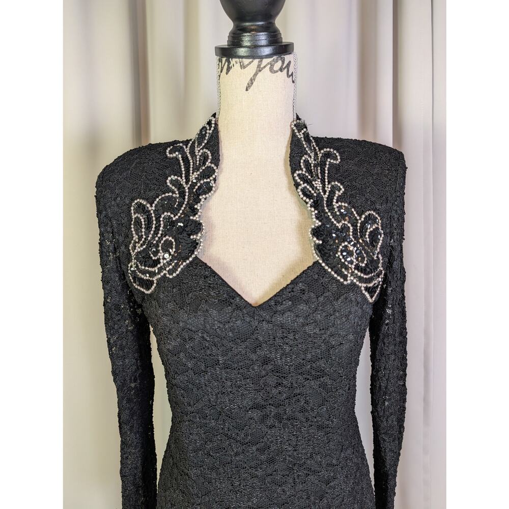 Vintage 80s Betsy & Adam Black Lace Beaded Cocktail Party Dress USA - Picture 10 of 16